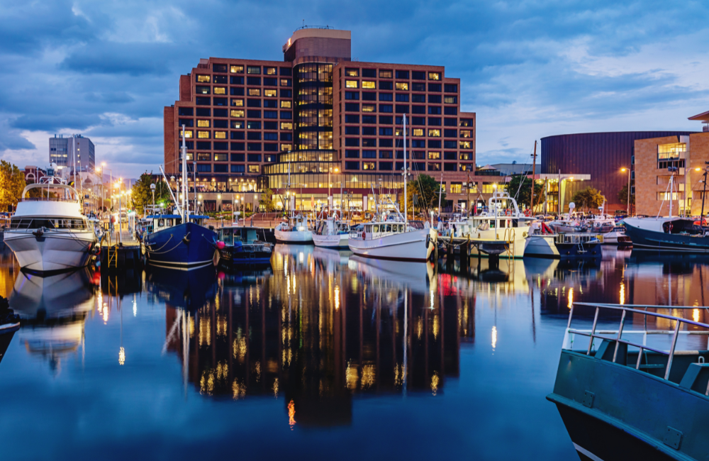 An Australian city landscape. A view of the Hobart harbour.